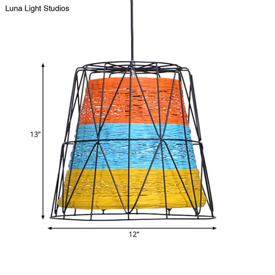 Lodge Style Metallic And Rope 1-Light Bucket Pendant Lamp - White/Blue/Orange/Yellow