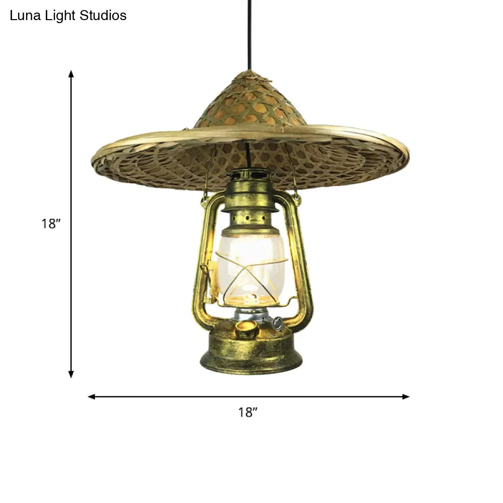 Lodge Style Rattan Pendant Light With Metal Lantern Shade - Brass 12’/18’ W