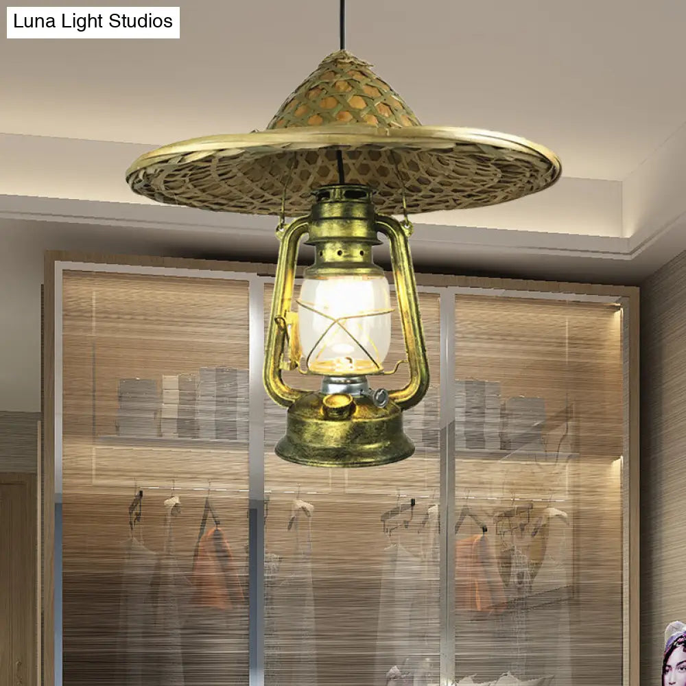 Lodge Style Rattan Hat Pendant Light With Metal Lantern Shade - Brass 12/18 W / 18