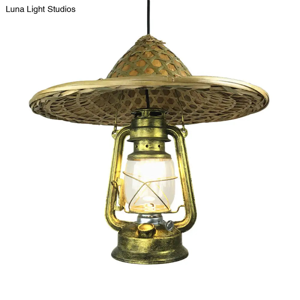 Lodge Style Rattan Hat Pendant Light With Metal Lantern Shade - Brass 12/18 W