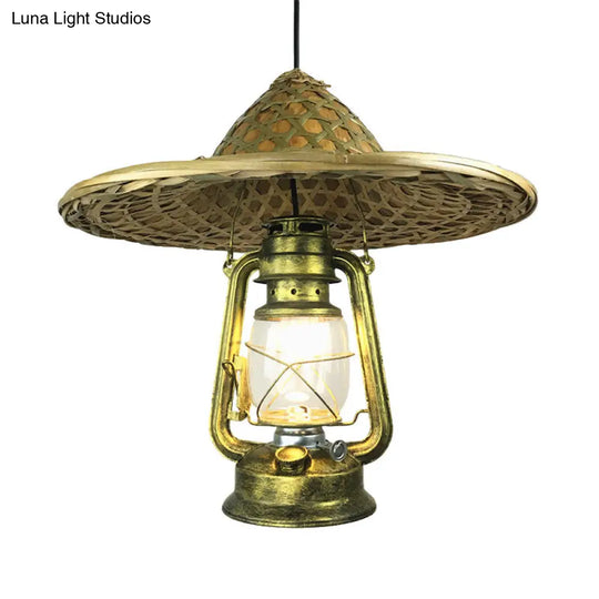 Lodge Style Rattan Hat Pendant Light With Metal Lantern Shade - Brass 12/18 W