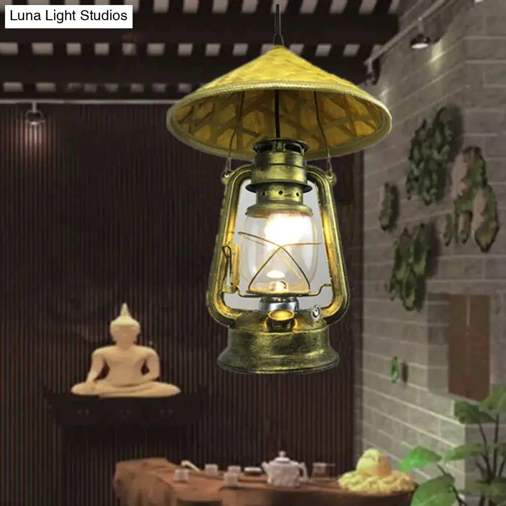 Lodge Style Rattan Pendant Light With Metal Lantern Shade - Brass 12’/18’ W