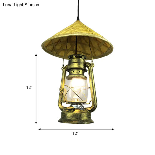 Lodge Style Rattan Hat Pendant Light With Metal Lantern Shade - Brass 12/18 W