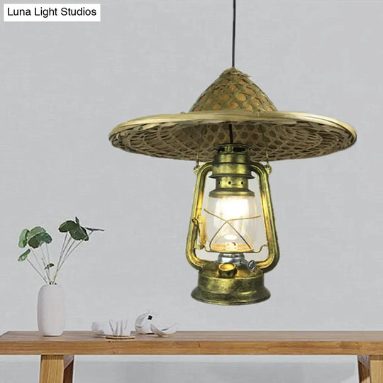 Lodge Style Rattan Pendant Light With Metal Lantern Shade - Brass 12’/18’ W