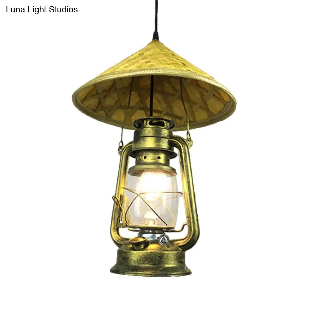 Lodge Style Rattan Pendant Light With Metal Lantern Shade - Brass 12’/18’ W