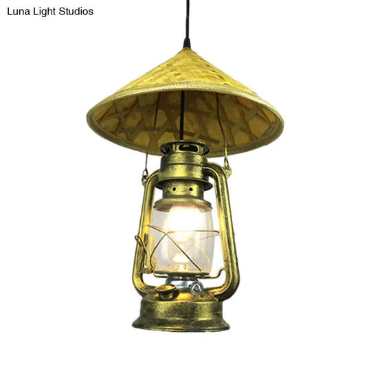 Lodge Style Rattan Hat Pendant Light With Metal Lantern Shade - Brass 12/18 W