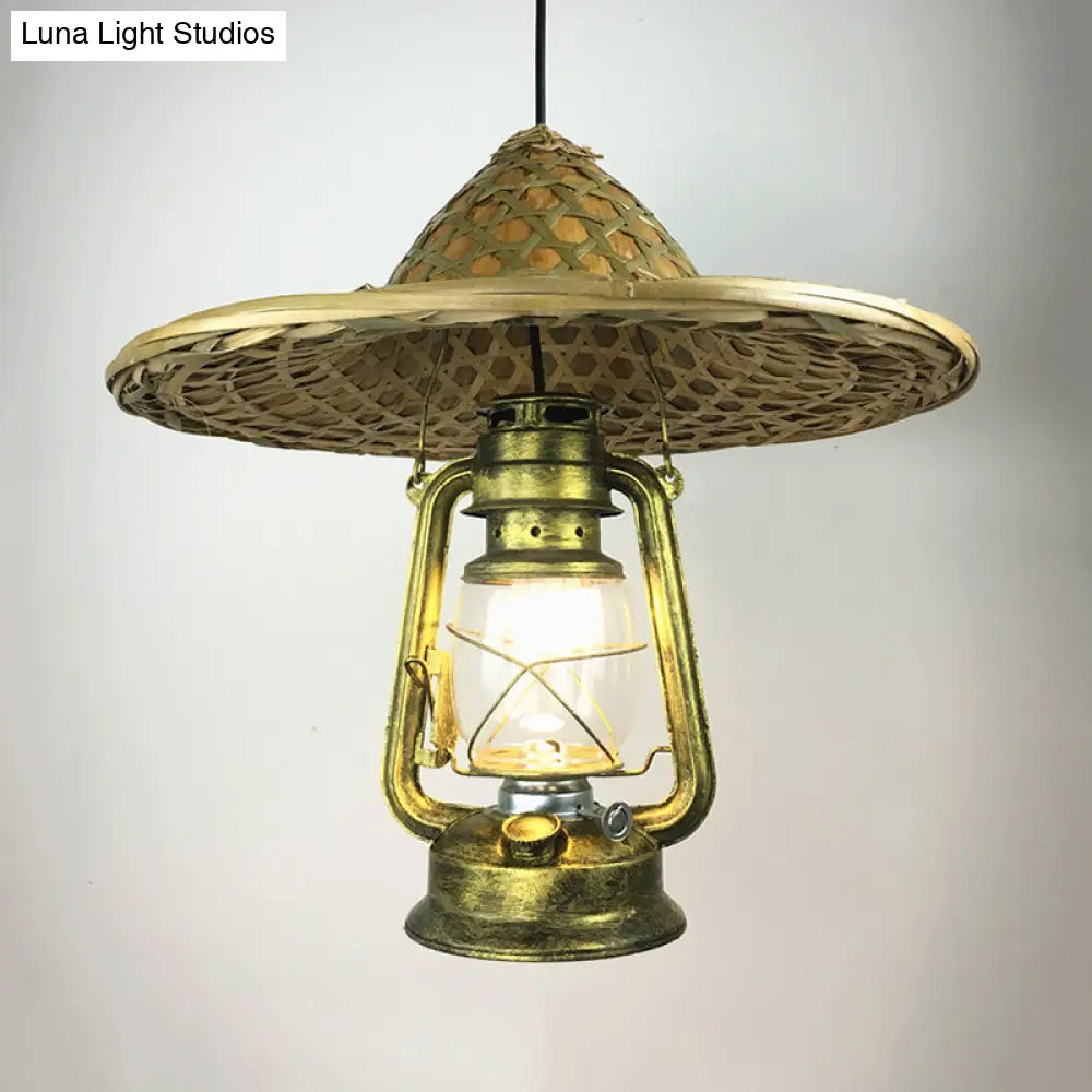 Lodge Style Rattan Pendant Light With Metal Lantern Shade - Brass 12’/18’ W