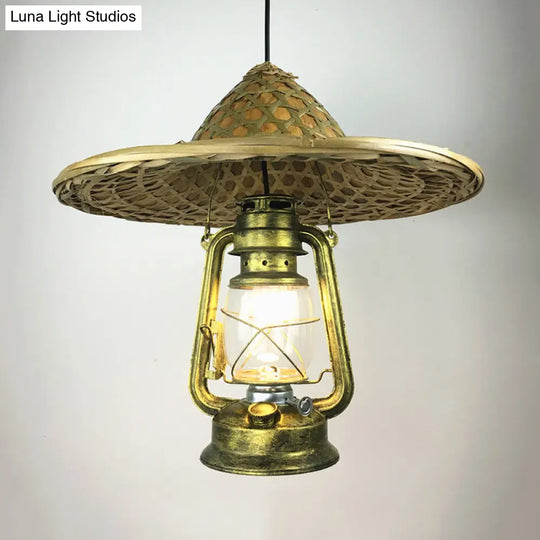 Lodge Style Rattan Pendant Light With Metal Lantern Shade - Brass 12’/18’ W