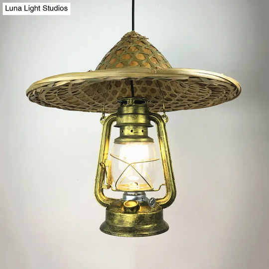 Lodge Style Rattan Hat Pendant Light With Metal Lantern Shade - Brass 12/18 W