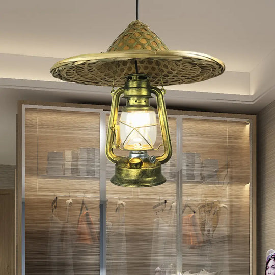 Lodge Style Rattan Pendant Light With Metal Lantern Shade - Brass 12’/18’ W / 18’