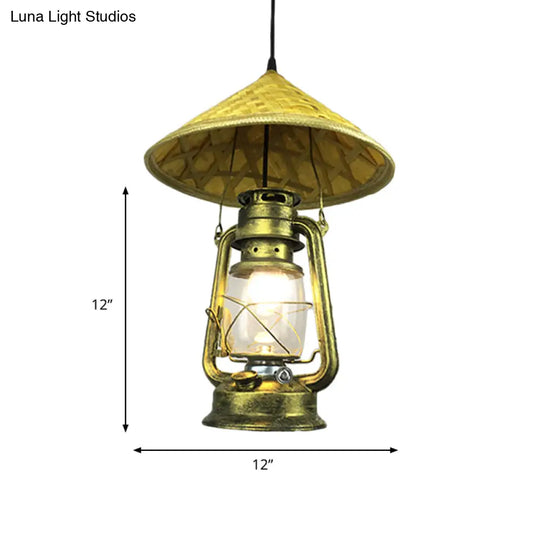 Lodge Style Rattan Pendant Light With Metal Lantern Shade - Brass 12’/18’ W