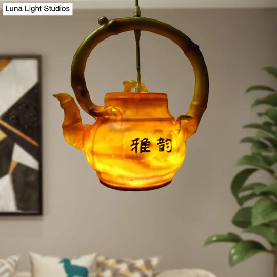 Lodge Style Resin Teapot Hanging Light: Single Pendant For Living Room