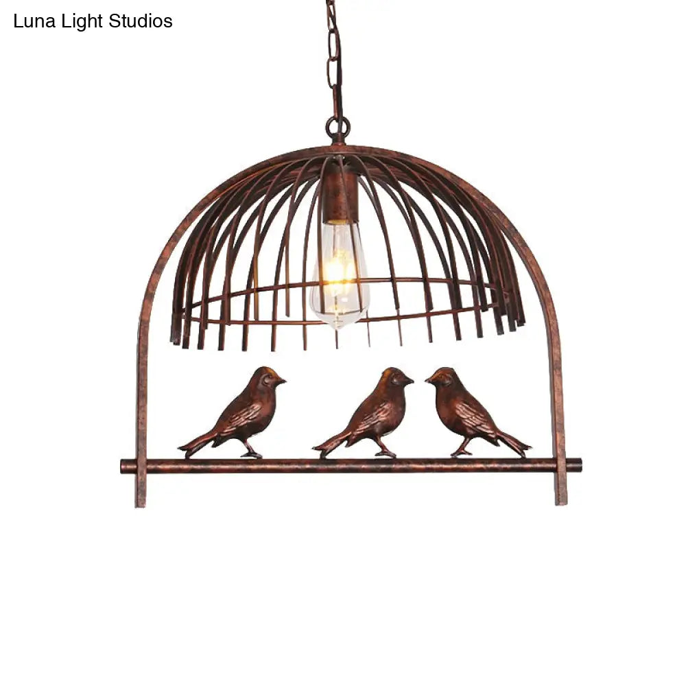 Lodge Style Rust Metal Suspension Lamp With Bird Decoration – 1 Head Wire Dome Pendant Light
