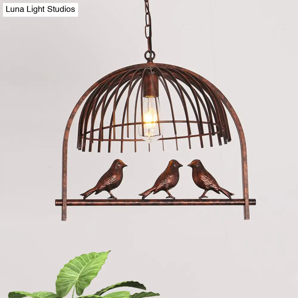 Rust Metal Suspension Lamp With Bird Decoration - Lodge Style Hanging Light