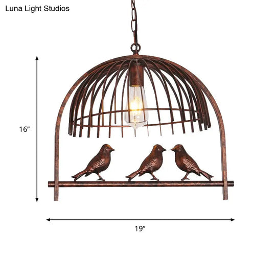 Rust Metal Suspension Lamp With Bird Decoration - Lodge Style Hanging Light