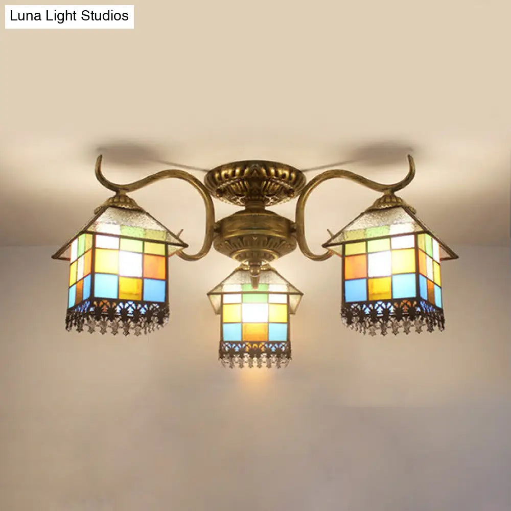 Lodge Style Stained Glass Ceiling Light - 3 Head Semi Flush For Dining Room