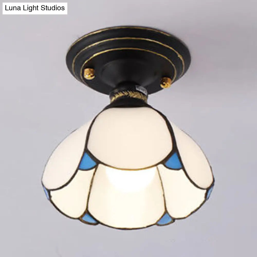 Lodge Style Foyer Flush Light With Petal Shade: Stained Glass Blue/White/Clear White