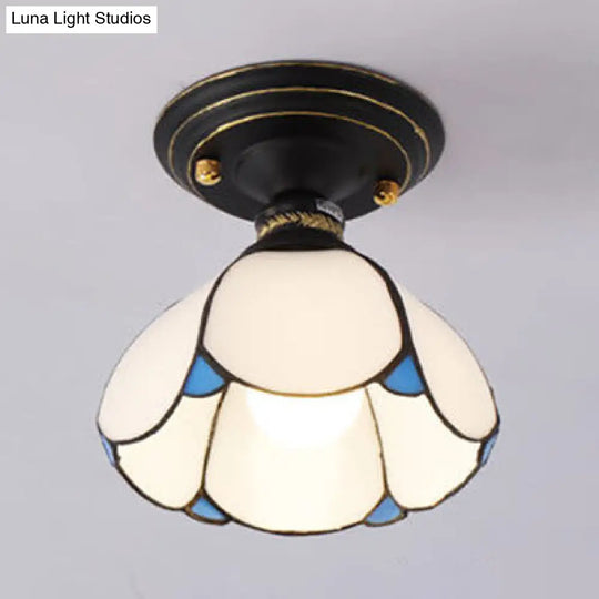 Lodge Style Foyer Flush Light With Petal Shade: Stained Glass Blue/White/Clear White
