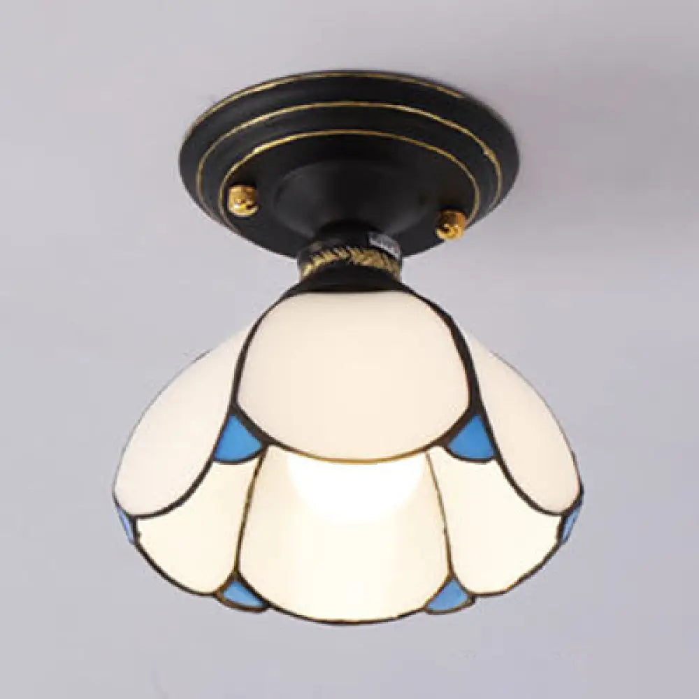 Lodge Style Stained Glass Foyer Flush Light With Petal Shade - Blue/White/Clear White
