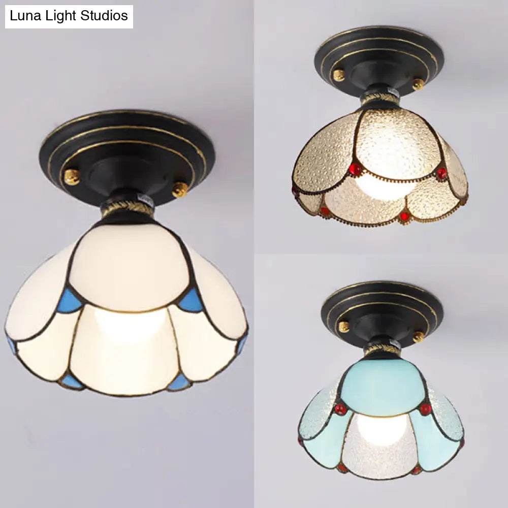 Lodge Style Foyer Flush Light With Petal Shade: Stained Glass Blue/White/Clear