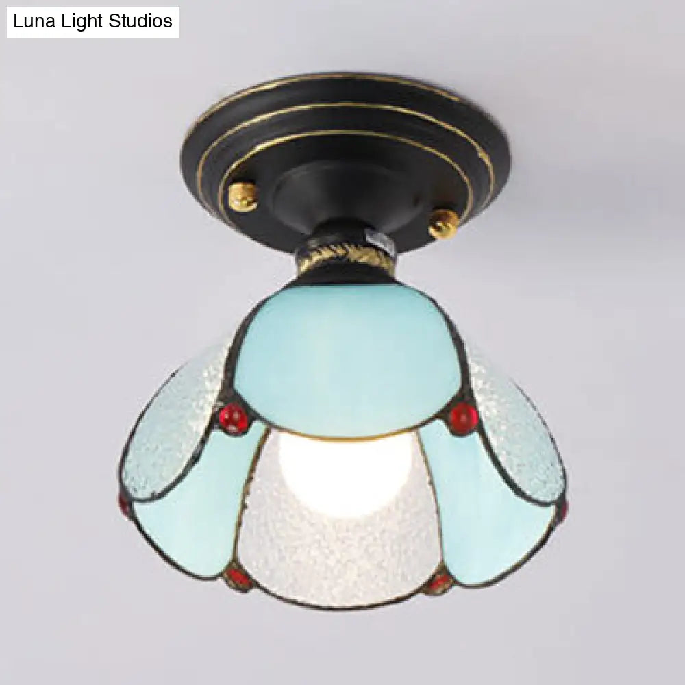 Lodge Style Foyer Flush Light With Petal Shade: Stained Glass Blue/White/Clear Blue