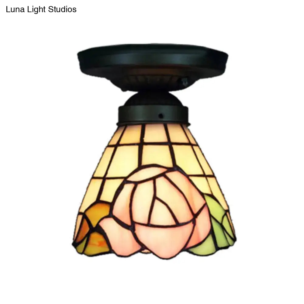 Lodge Style Stained Glass Rose Flush Ceiling Light - 1 Mount Pink