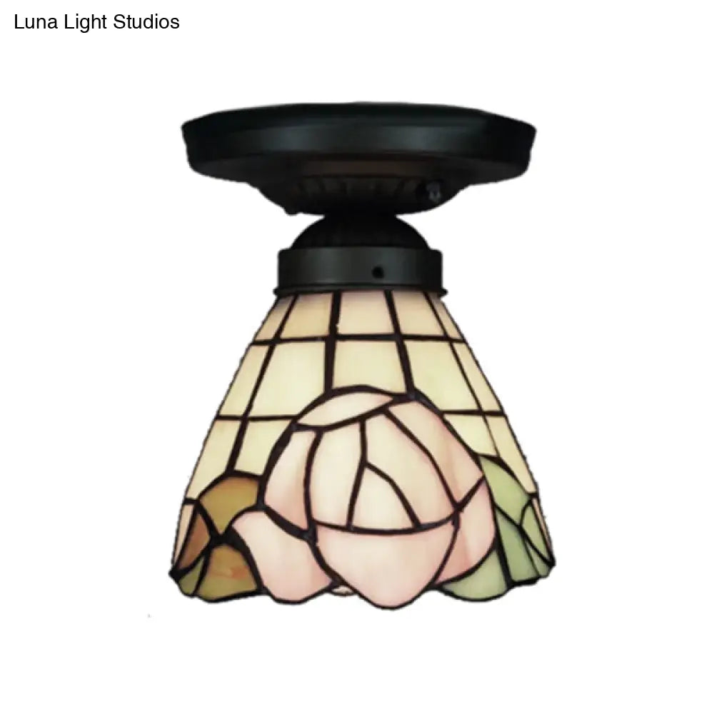 Lodge Style Stained Glass Rose Flush Ceiling Light - 1 Mount