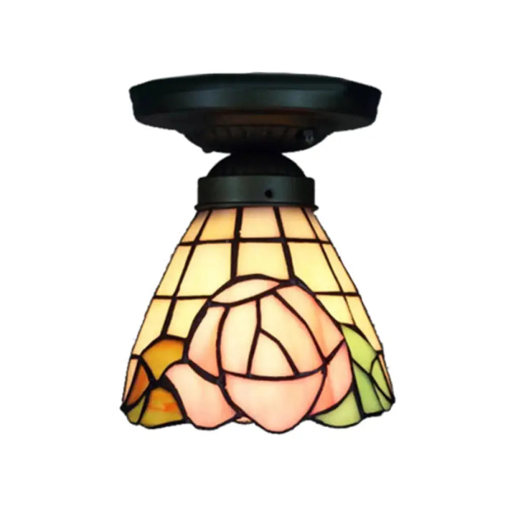 Lodge Style Stained Glass Rose Flush Ceiling Light - 1 Mount Pink