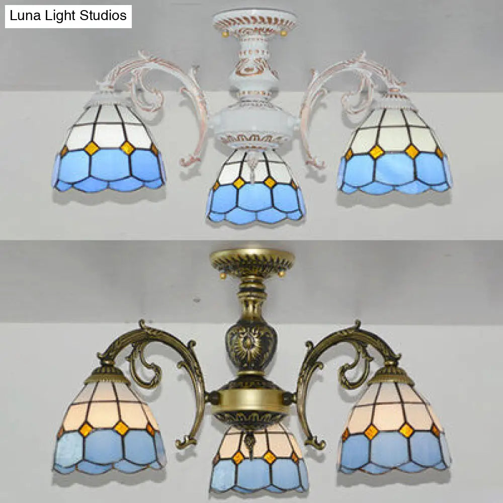 Lodge-Style Semi-Flush Stained Glass Light In White/Antique Brass For Foyer