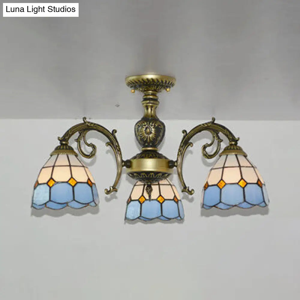 Lodge-Style Semi-Flush Stained Glass Light In White/Antique Brass For Foyer Antique