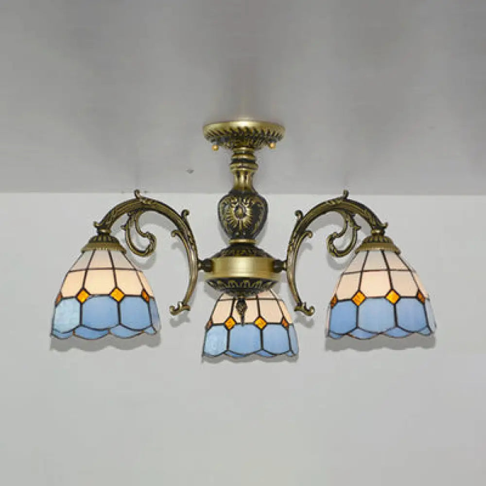 Lodge Style Stained Glass Semi Flush Light For Foyer - 3 Lights Bowl In White/Antique Brass Antique