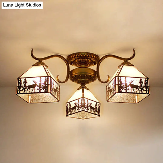 Lodge Style Stained Glass Semi Flushmount With Deer Design - 3 Lights Aged Brass Finish Beige