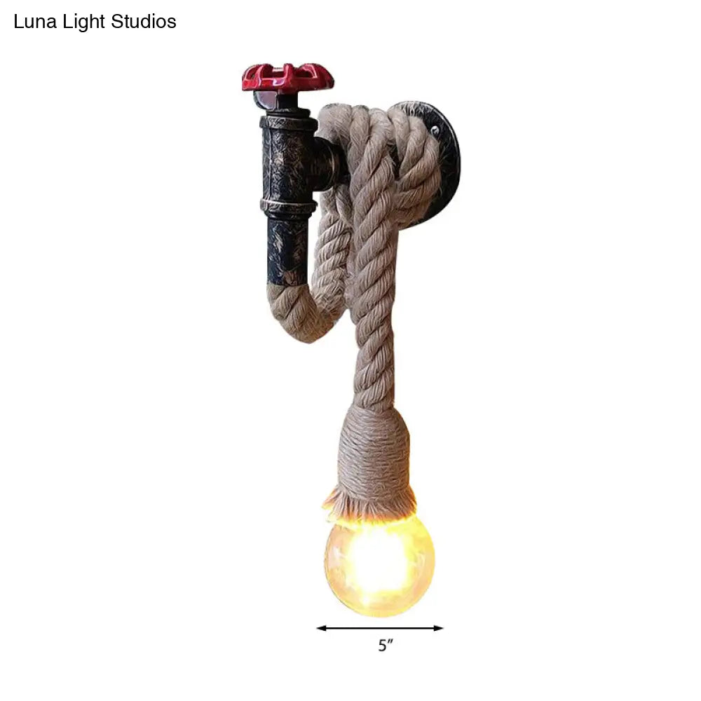 Lodge Style Water Pipe Wall Light With Hanging Rope - 1-Bulb Sconce Fixture In Beige