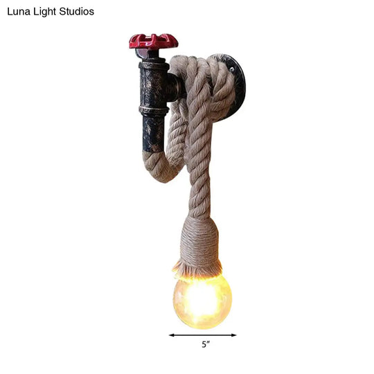 Lodge Style Water Pipe Wall Light With Hanging Rope - 1-Bulb Sconce Fixture In Beige