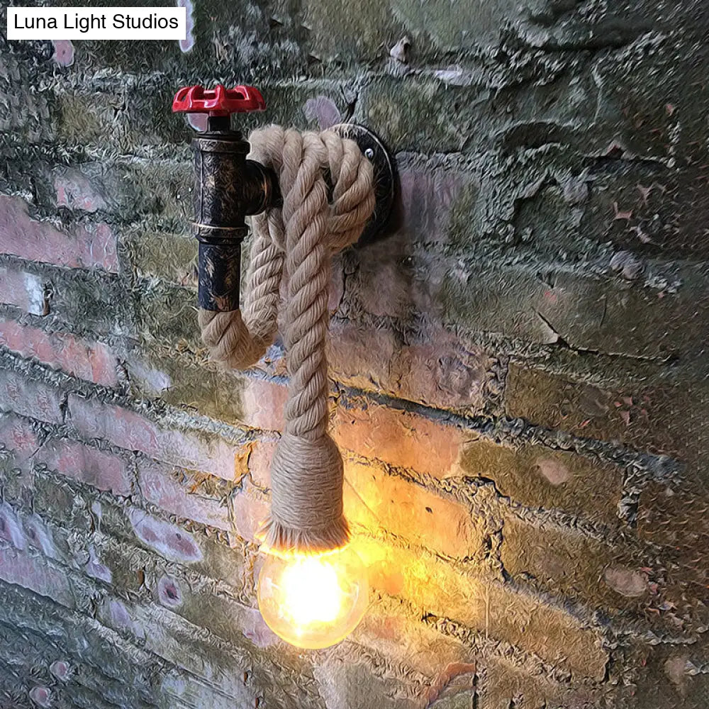 Lodge Style Water Pipe Wall Light With Hanging Rope - 1-Bulb Sconce Fixture In Beige