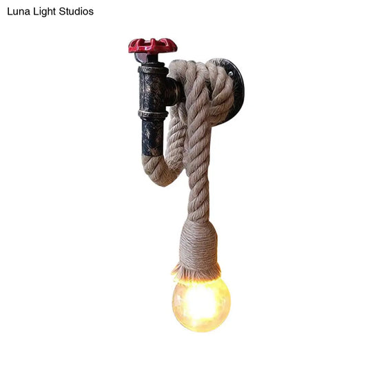 Lodge Style Water Pipe Wall Light With Hanging Rope - 1-Bulb Sconce Fixture In Beige