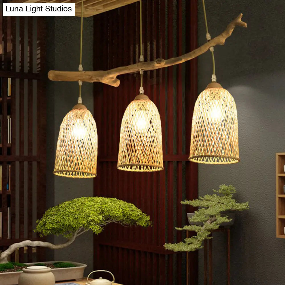 Lodge Style Wood Pendant Light With Bamboo Shade - 3-Bulb Island Lamp For Restaurants