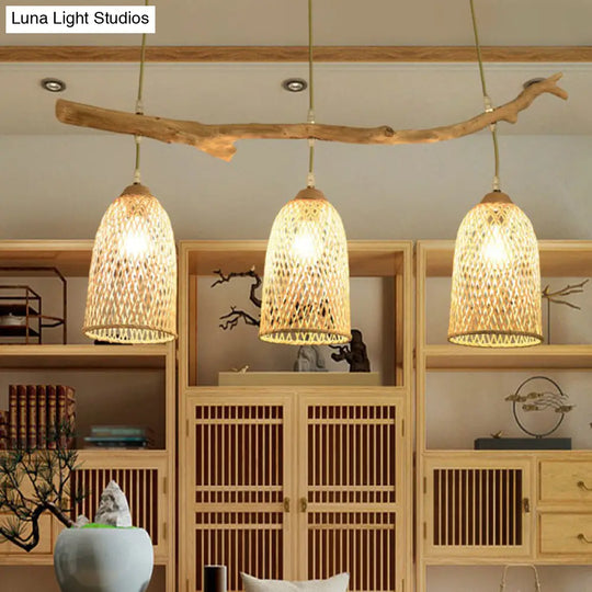 Lodge Style Wood Pendant Light With Bamboo Shade - 3-Bulb Island Lamp For Restaurants