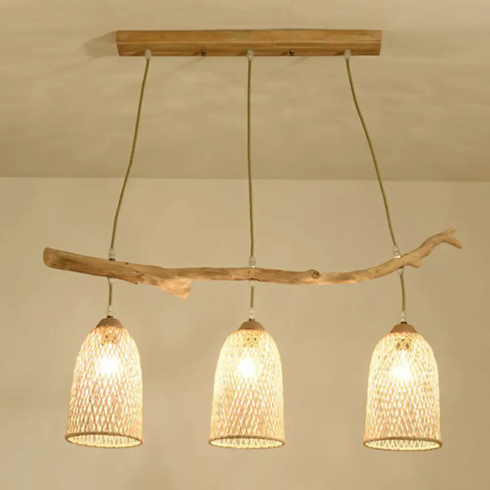 Lodge Style Wood Pendant Light With Bamboo Shade - 3-Bulb Island Lamp For Restaurants