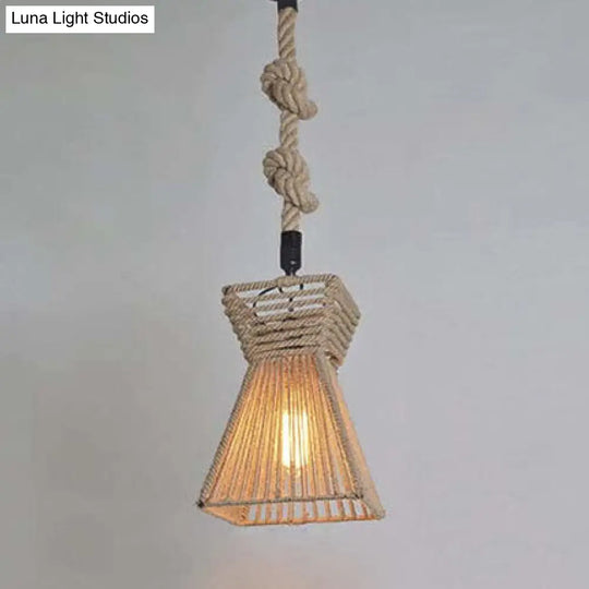 Rustic Rope Cage Pendant Light: 12/16 W Lodge Style Hanging Fixture For Restaurants In Beige / 12