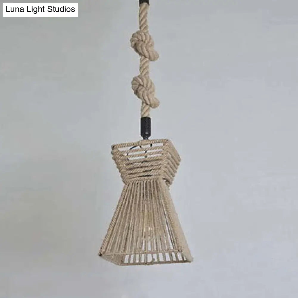 Rustic Rope Cage Pendant Light: 12/16 W Lodge Style Hanging Fixture For Restaurants In Beige