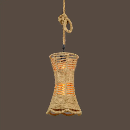 Lodge Stylish 1 Head Pendant Light - 12’/16’ W Rope Cage Shade Hanging Fixture Beige / 16’