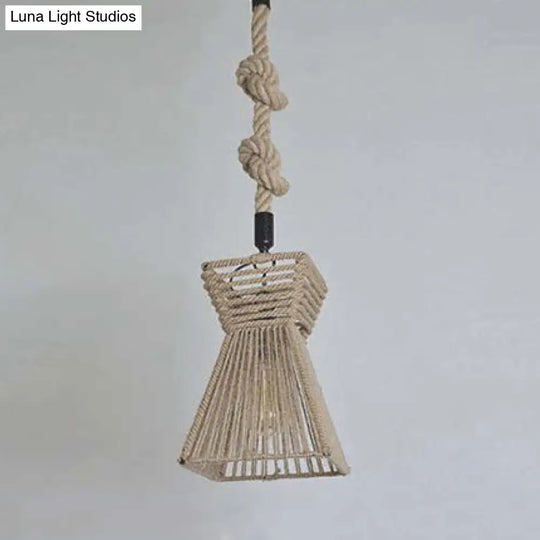 Lodge Stylish 1 Head Pendant Light - 12’/16’ W Rope Cage Shade Hanging Fixture Beige