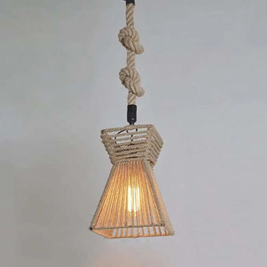 Lodge Stylish 1 Head Pendant Light - 12’/16’ W Rope Cage Shade Hanging Fixture Beige / 12’