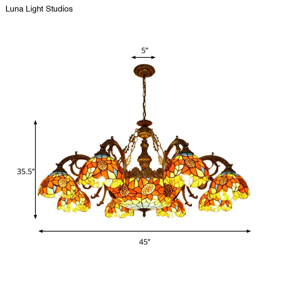 Lodge Sunflower Chandelier - Stained Glass Pendant Light (9/11/15 Lights) In Orange For Living Room