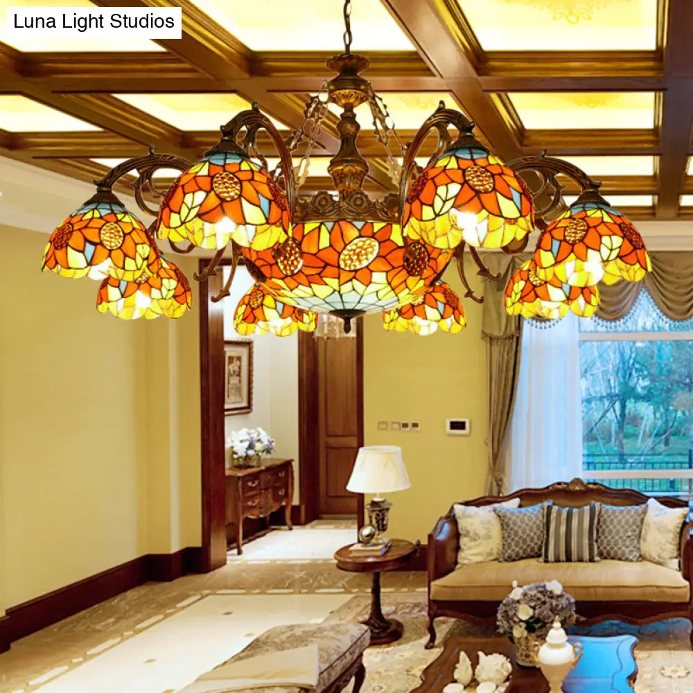 Lodge Sunflower Chandelier - Stained Glass Pendant Light (9/11/15 Lights) In Orange For Living Room