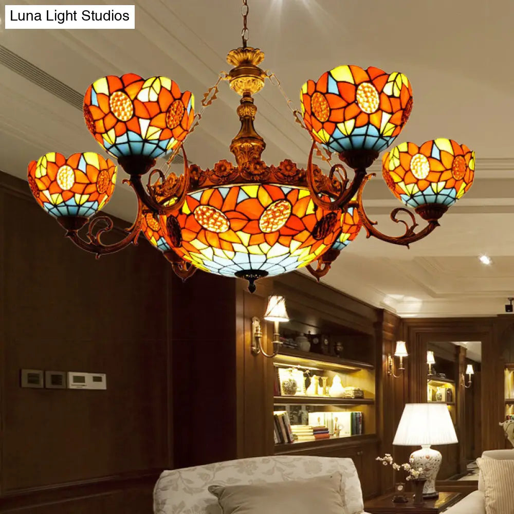 Lodge Sunflower Chandelier Stained Glass Pendant Light - Orange 9/11/15 Lights Ideal For Living Room