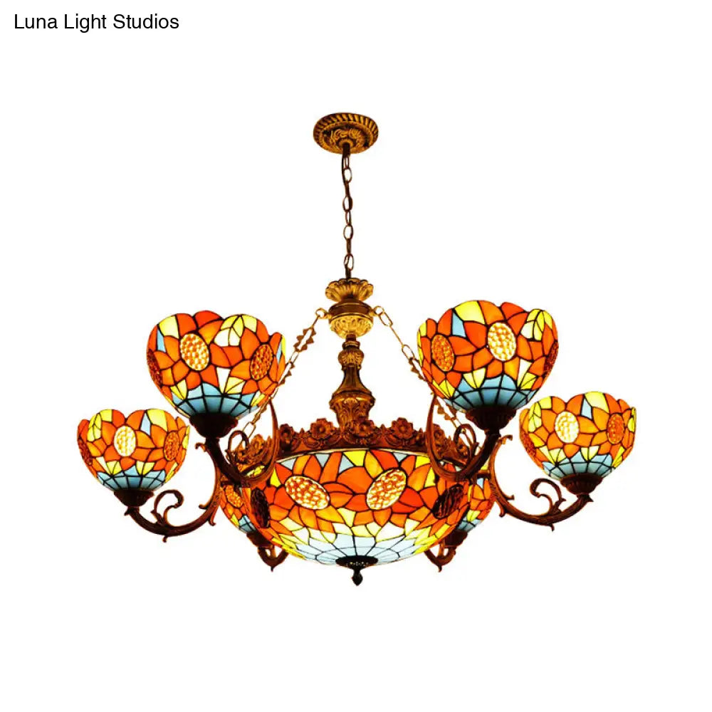 Lodge Sunflower Chandelier - Stained Glass Pendant Light (9/11/15 Lights) In Orange For Living Room