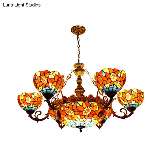 Lodge Sunflower Chandelier - Stained Glass Pendant Light (9/11/15 Lights) In Orange For Living Room