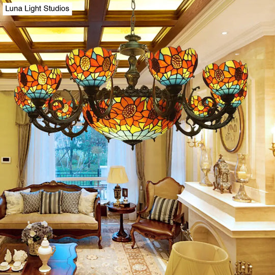 Lodge Sunflower Chandelier Stained Glass Pendant Light - Orange 9/11/15 Lights Ideal For Living Room